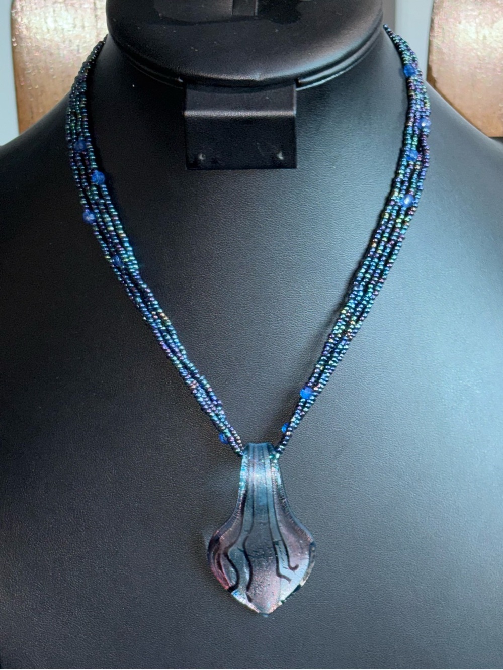 Vintage Art Glass Pendant Necklace Iridescent Blue Multi-Strand Beaded Statement